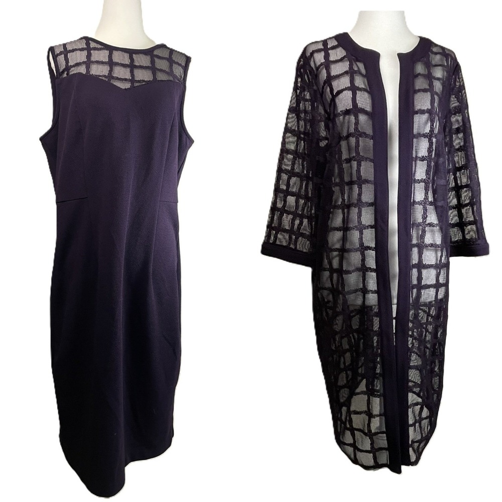 Maya Brooke Size 14 Plum Eggplant Purple 2 Piece Dress Sheer Grid Jacket Formal